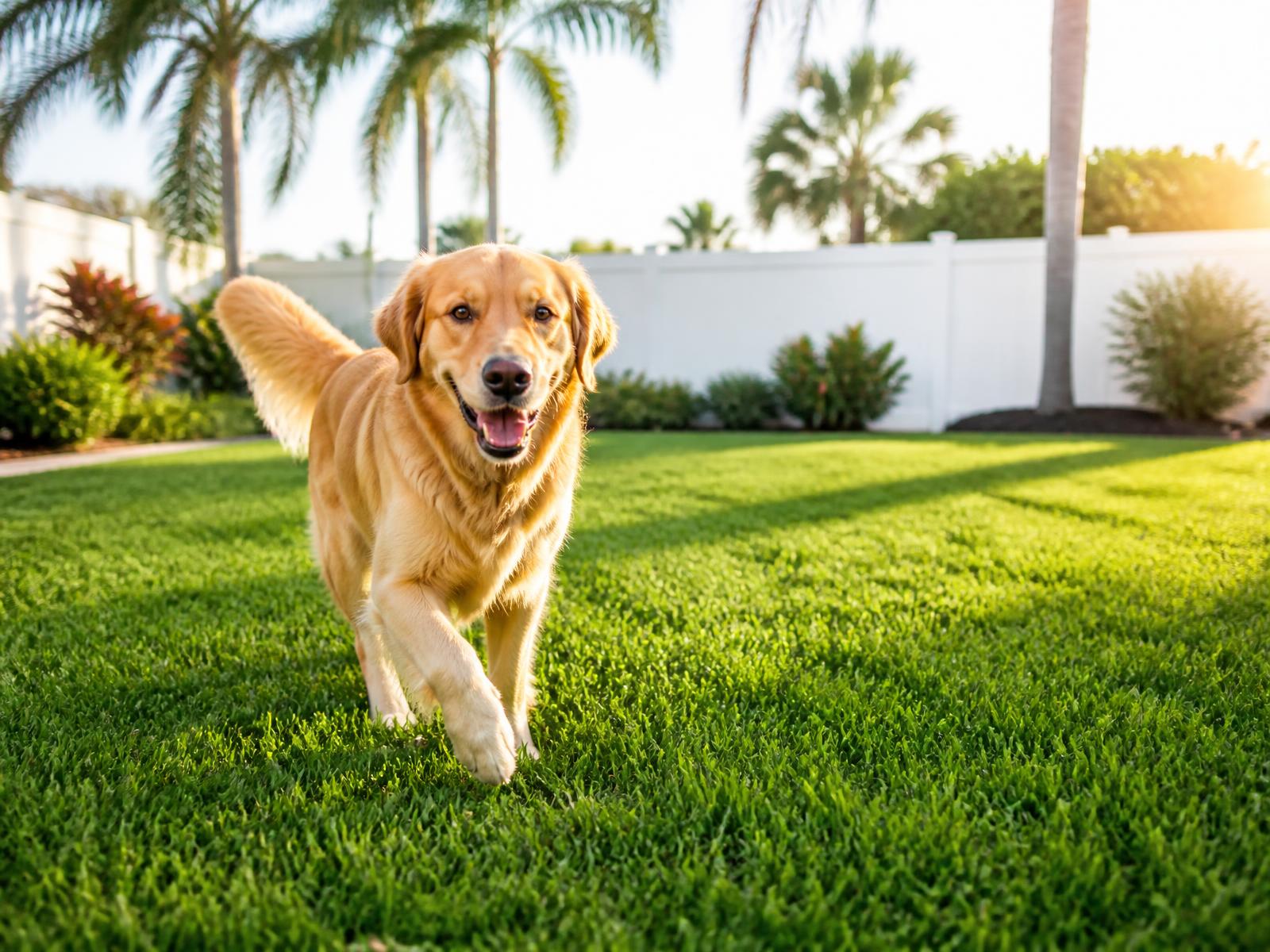 A happy golden retriever trotting across a clean, sunny Florida backyard lawn